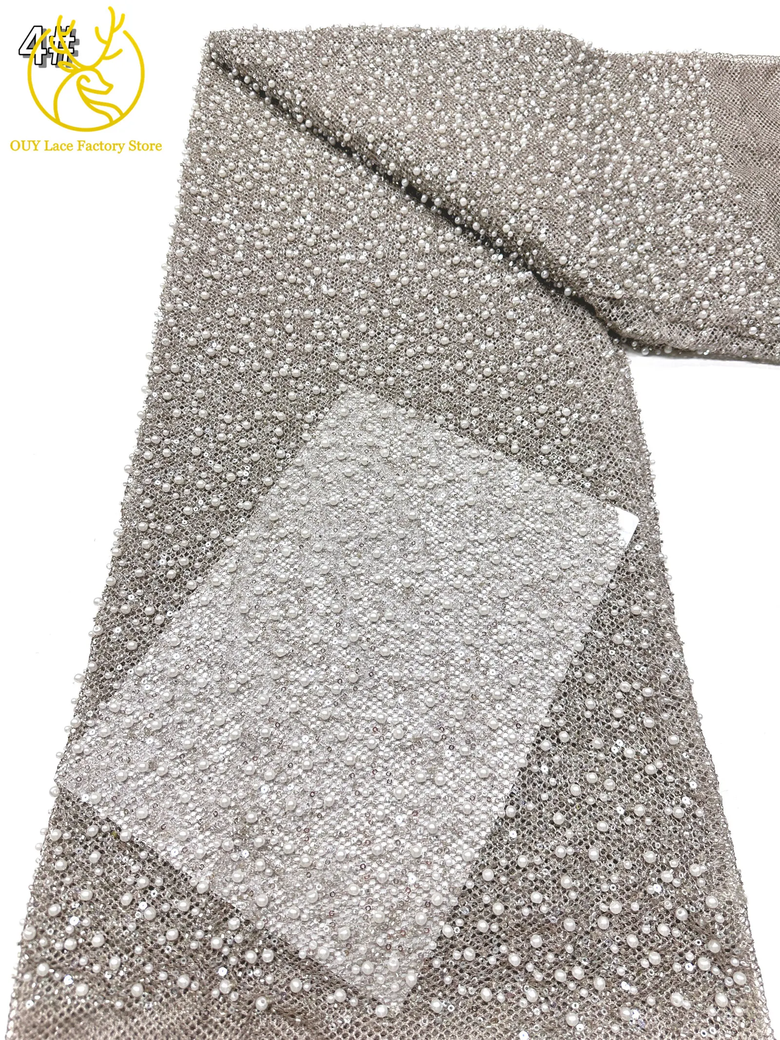 Neuer Stil Afrikanischer Perlen-Spitzenstoff Hochwertiger nigerianischer Perlen-Pailletten-Spitzenstoff Luxuriöser französischer Netzstoff zum Nähen von Hochzeitskleidern – Detail 16