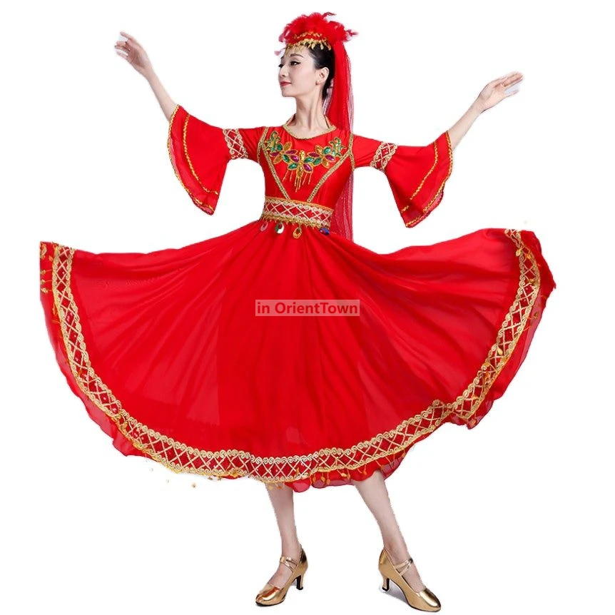 Chiński tancerz ludowy, czerwony strój sceniczny, ubrania do tańca ujgurskiego z Xinjiang, strój etniczny dla dorosłych, spódnica do tańca z efektem wahadła.