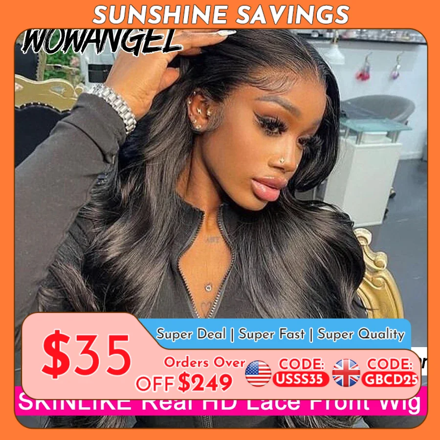 Wow Angel 250% densidad 13x6 HD pelucas delanteras de encaje cuerpo ondulado pieles fundidas 13x4 HD peluca Frontal completa de encaje pelucas de cabello humano prearrancadas