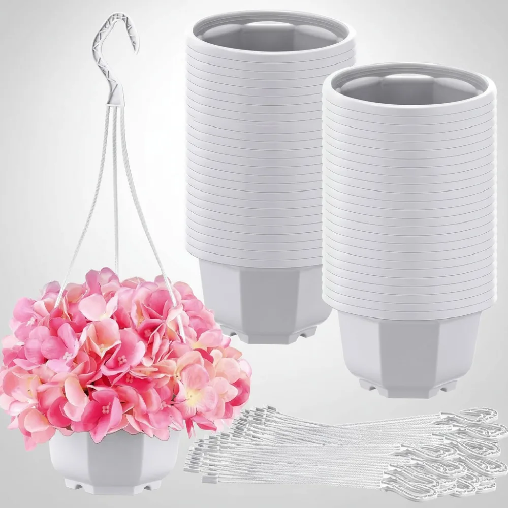 

50 Pcs 5.9 Inch Plastic Hanging Plant Pots with Hooks, Outdoor Garden Flower Baskets for Balcony Porch Home Decor
