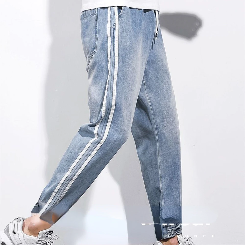 Fashion Brand Men's Jeans Autumn New Cropped Pants Leggings Cropped Student Harun Jeans Loose Casual Sports Pants Blue  denim