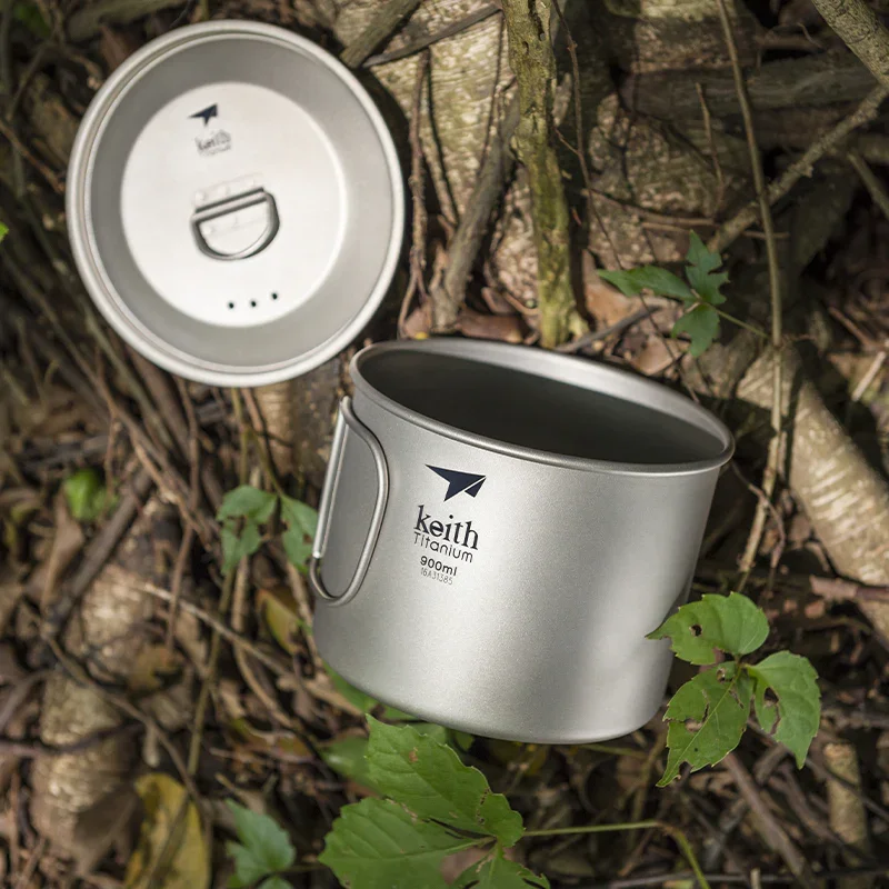 KEITH Ti3209 900ml Single-Wall Ultralight Titanium Mug with Folding Handle and Lid for Camping Hiking Picnic Travel  Daily Use