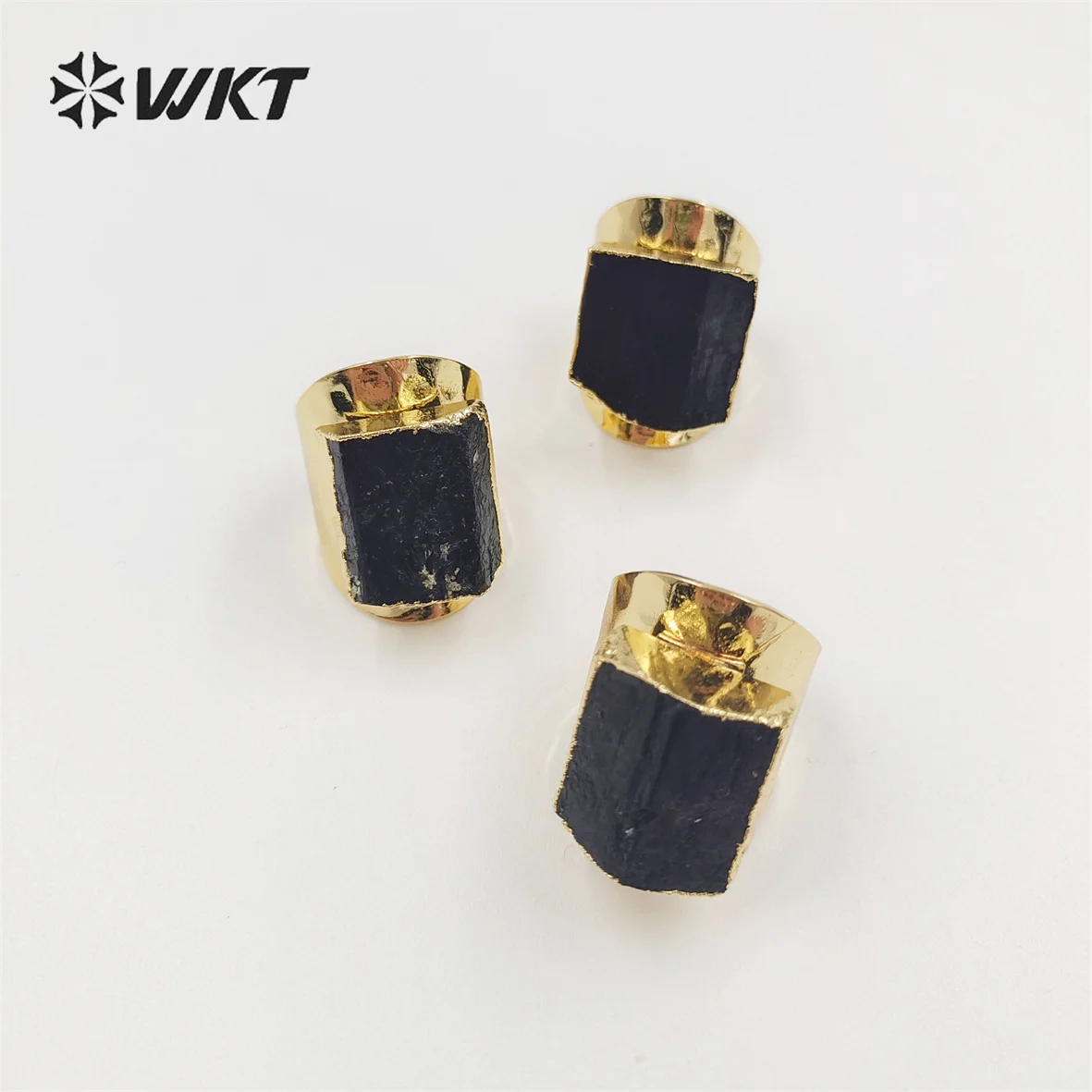 WT-R422 Women Beautiful Energy Black Tourmaline stone Ring 18k Real gold plated natural stone wide birthday gift Ring