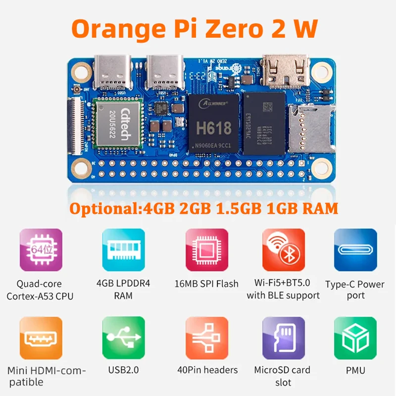 Orange Pi Zero 2 W 4GB 2GB 1.5GB 1GB RAM Allwinner H618 Quad-core Cortex-A53 Mini PC WiFi5 + BT5.0 BLE adattatore per custodia opzionale