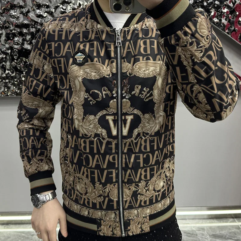 2024 men's printed light luxury European jacket casual new spring slim fit trend baseball top western-style jacket