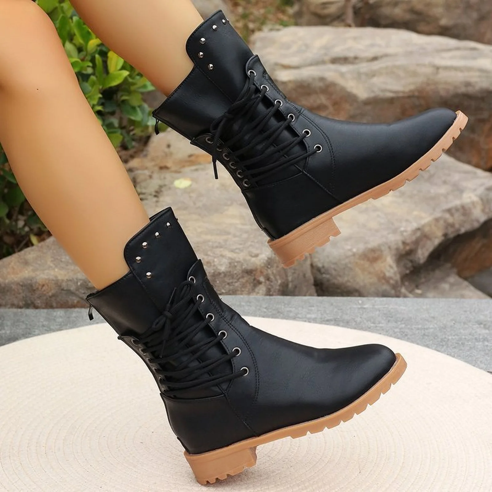 

Women Mid-Calf Boot Fashion Rivet Knight Boots British Style Autumn Winter Female Shoes Cross Lace Morden PU Booties Botas Mujer