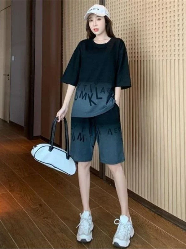 

Loose Short Sleeve Sports Suit Women's plus Size Summer New Fashion Match All Cotton Short Pants round Neck Two-Piece Set