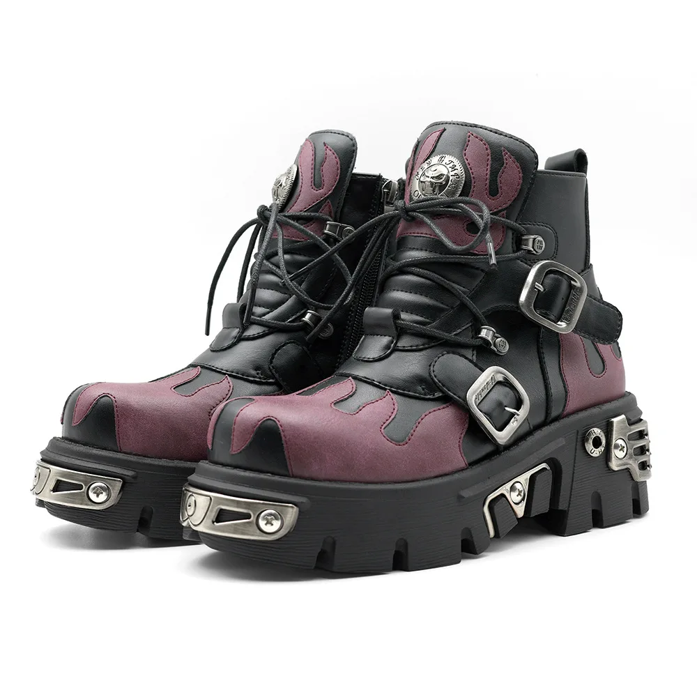 New trend engraving dark punk flame metal rock short tube platform men's and women's shoes and boots purple