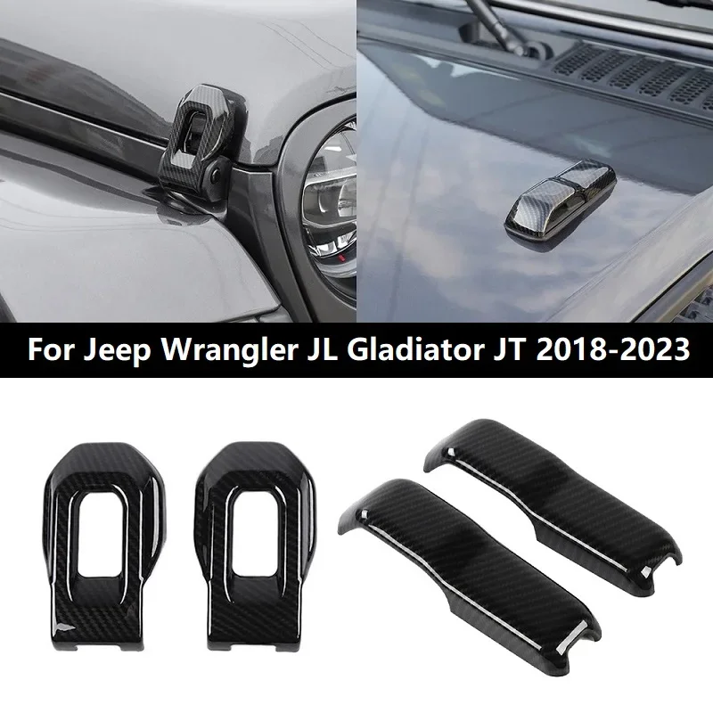 

For Jeep Wrangler JL Gladiator JT 2018-2023 ABS Carbon Fiber 4PCS Car Hood Lock Catch Latches Decoration Cover Trim