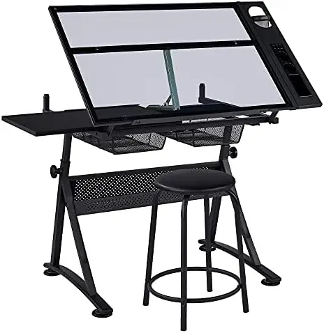 Mesa de Dibujo con Taburete, Altura Ajustable, Multifuncional, para Arte y Manualidades, con Tablero de Vidrio Inclinable, Diseño Diamante