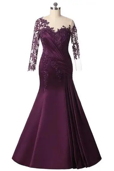 2021 Stunning Latest Purple Mermaid Lace Mother of the Bride Dresse Long Sleeve Wedding Guest Gowns Jewel Neck Beaded Sheer Back