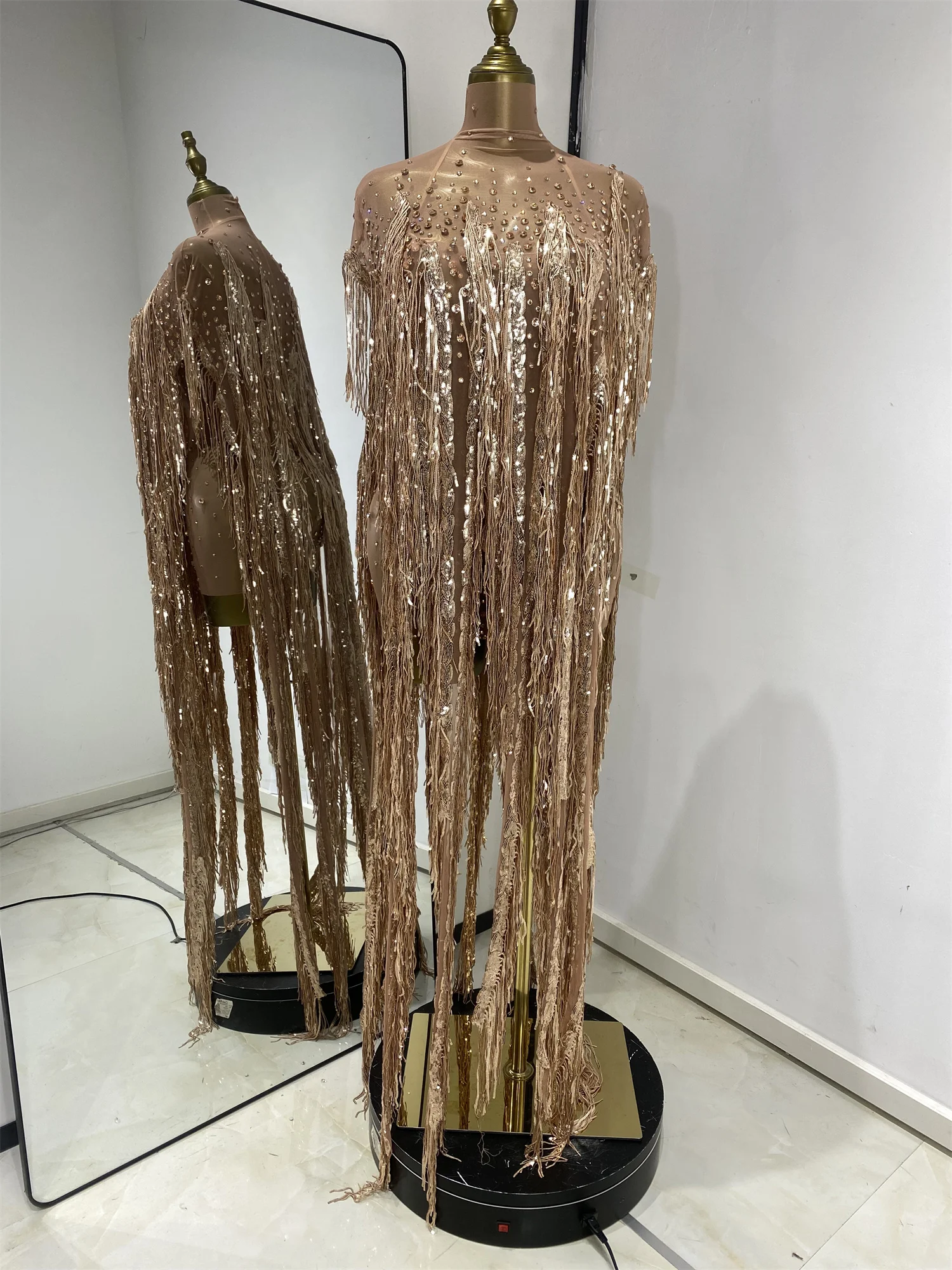 

Женское роскошное платье-шаль с пайетками, стразами и бахромой цвета шампань, блестящее вечернее платье для клуба, вечеринки, выступлений, костюм для певицы