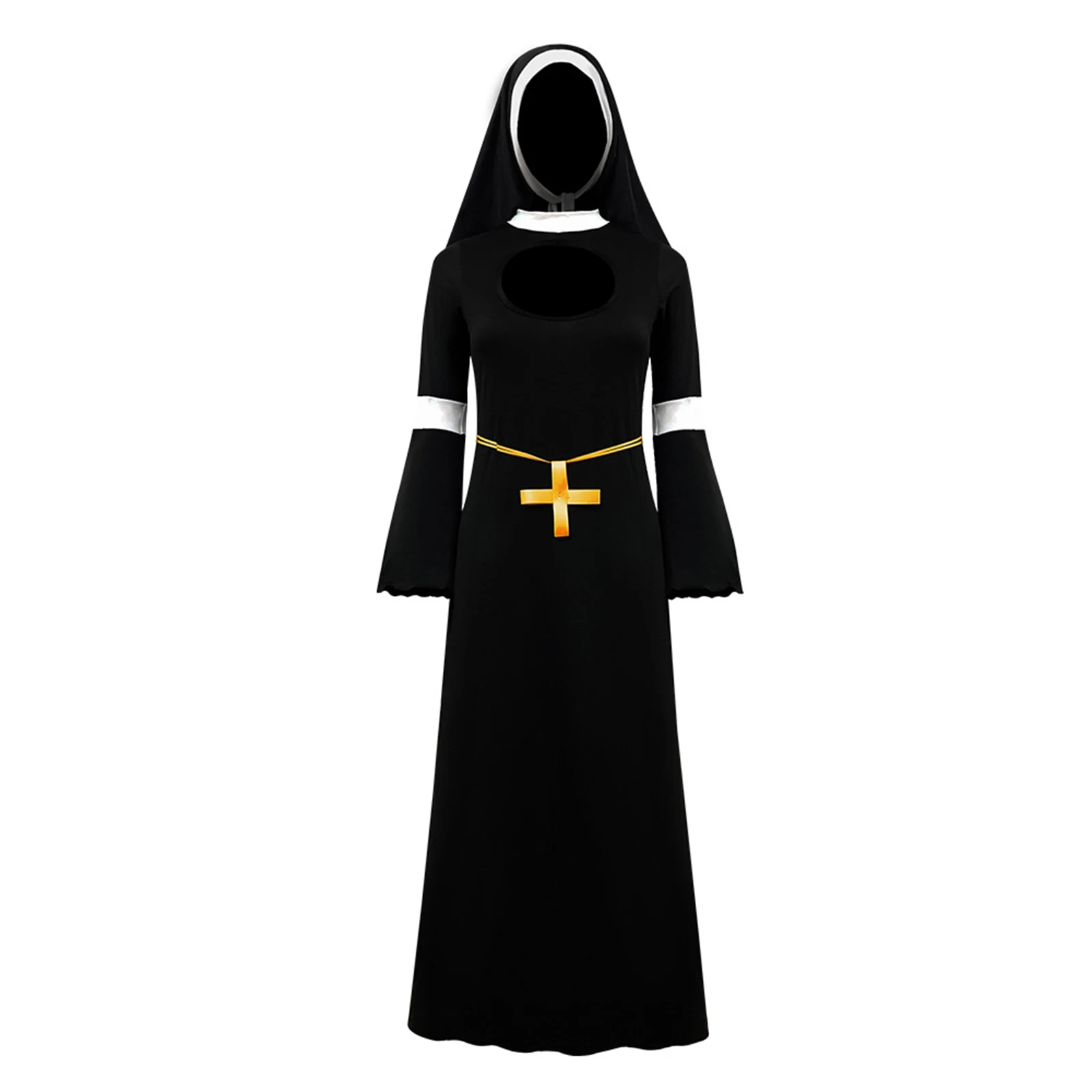 Halloween Church Religious Convent Nun Uniform Lady Long Flare Sleeve Dress With Headscarf Cross Necklace Nun Superior Costume