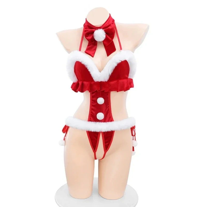 Body rojo hueco de felpa de Navidad, uniforme de Cosplay, ropa interior Sexy de Año Nuevo, lencería de juego de rol sin espalda, trajes, camisón para niñas