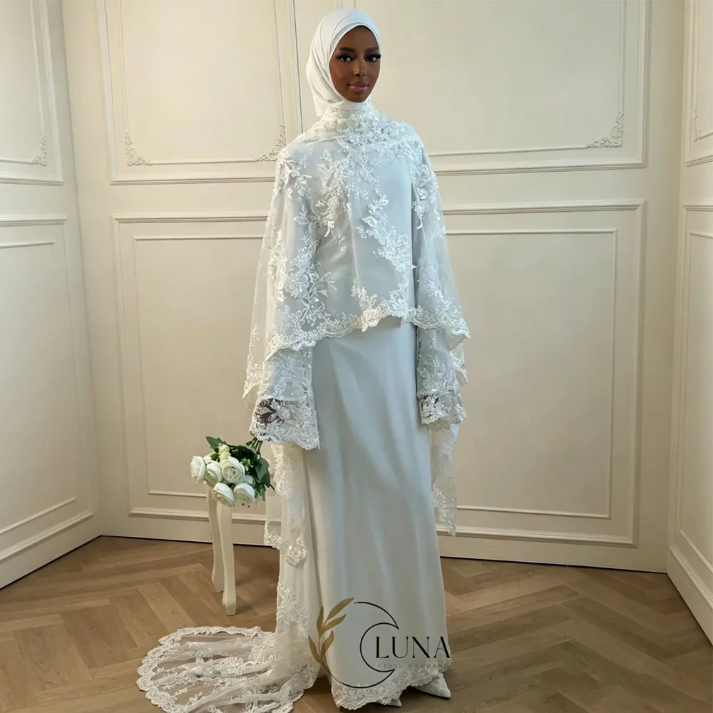 Luna Maßgeschneiderte Muslimische Bescheidene Hochzeitskleider mit Spitzenumhang, Brautkleider mit Blumenapplikationen, Langarm-Brautkleider