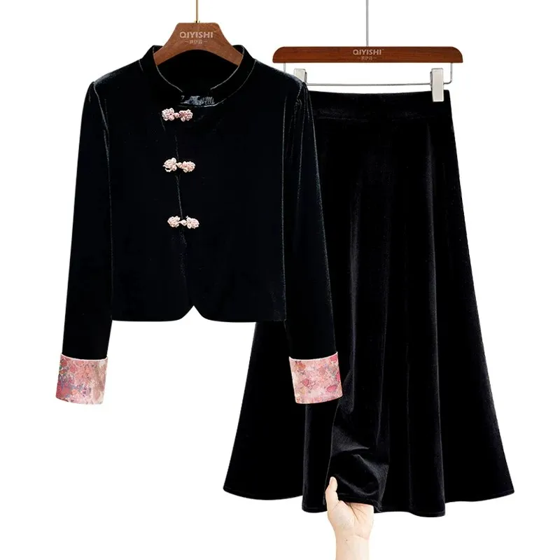 Women Fall Winter New Black embroidered Velour Suit Long Sleeve Shirt + Skirt 2 Pieces Elegant Retro Fashion Outfits