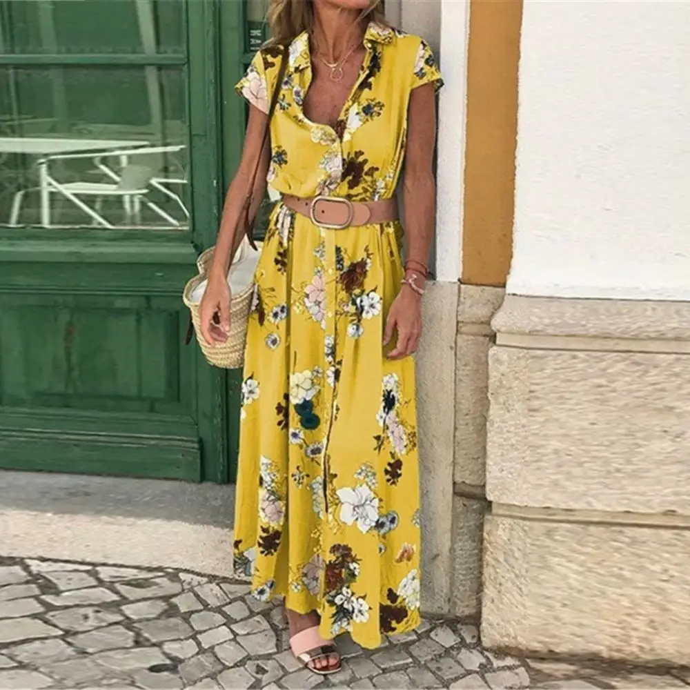 Women Retro Floral Print Short Sleeve Turndown Collar Dress With Waistband Summer Lady Bohemian Print Maxi Dresses streetwear