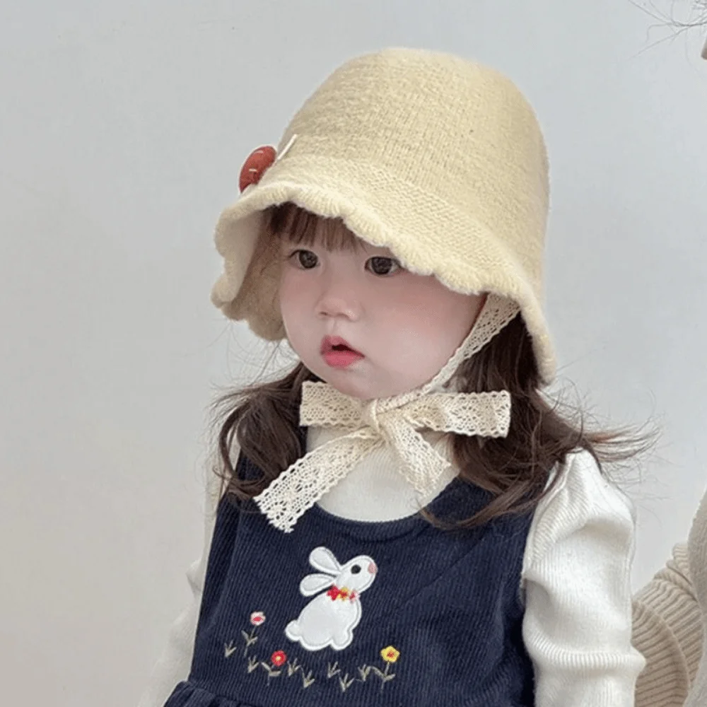 

Soft Warm Knitted Hat Solid Color Mushroom pattern Baby Bucket Hat Thicken Lacing Up Toddler's Knitted Hat Outdoor Activities