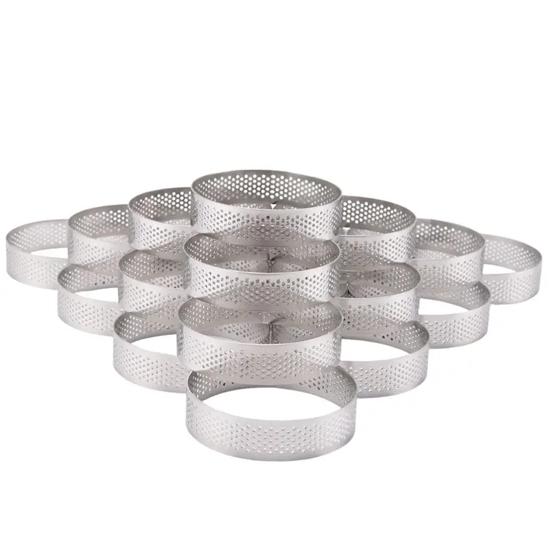 

AB46-20Pcs Circular Tart Rings With Holes Fruit Pie Quiches Cake Mousse Kitchen Baking Mould Perforated Cake Mousse Ring 8Cm