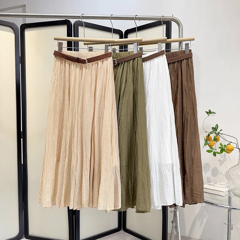 Maxdutti Folded Belt Waist Skirt 2026 Summer New Gentle A-line Texture Lightweight Long Skirt