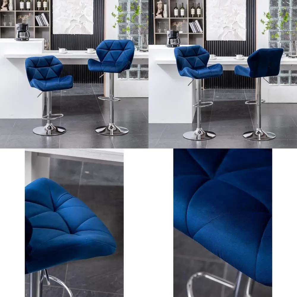 

Велюровые вращающиеся барные стулья с ромбовидным узором, регулируемая высота, комплект из 2 штук, синие