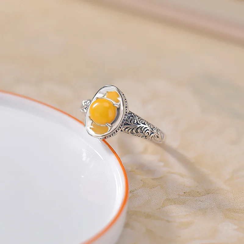 

S925 Стерлингового янтарного цвета с узором травы Слиток Открытое серебряное кольцо Ювелирные изделия