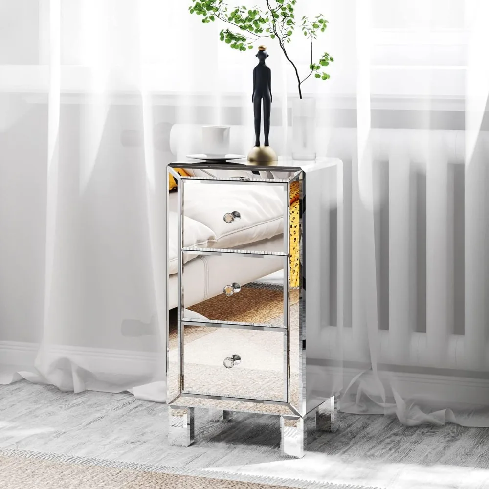 

3-Drawer Mirrored Nightstand End Table Bedside Table for Bedroom, Living Room, Silver, 11.7" L x 11.8" W x 23.8" H