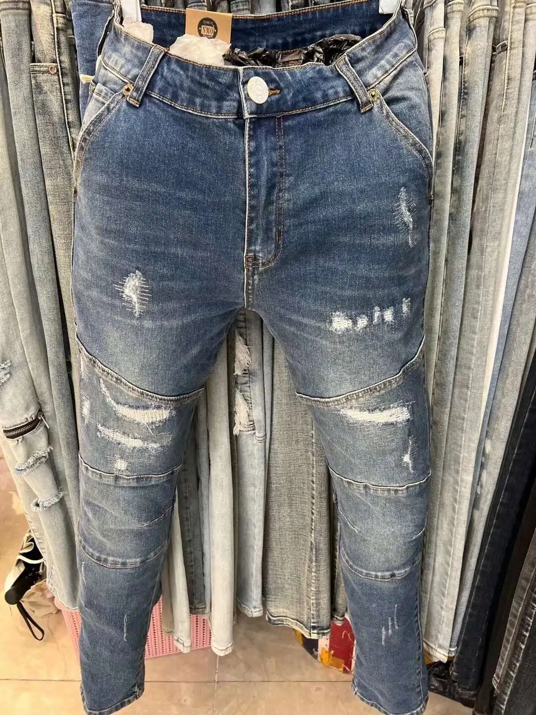 

Dividing Line Design Hole Spijkerbroeken Heren Ripped Jean Streetwear Skinny Stretch Denim Tapered Pant Men Motorcycle Pant Jean