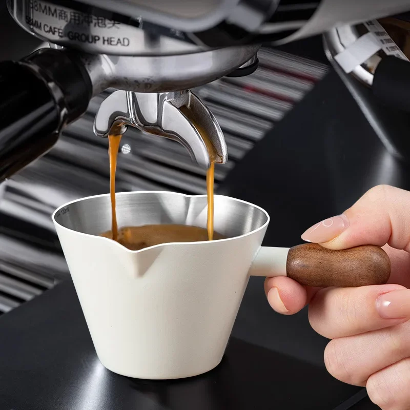 304 Stainless Steel Espresso Measuring Cup with Walnut Handle And Strap Graduated Milk Extraction Small Cup for Coffee Brewing