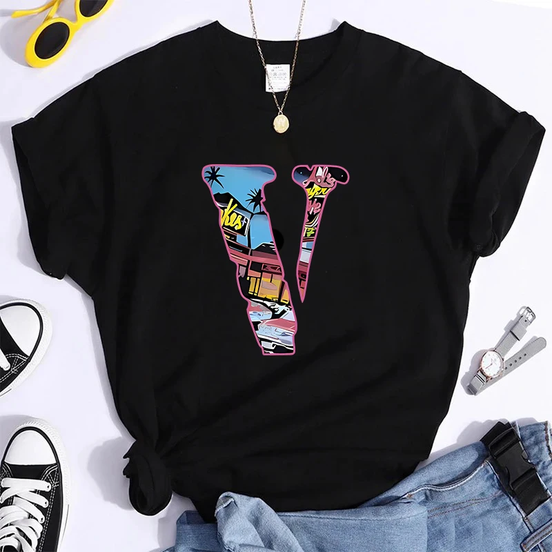 

100% Pure Cotton Number V Print Solid Crew Neck T-Shirt, Short Sleeve Casual Every Day Top For All Season, Women's Clothing