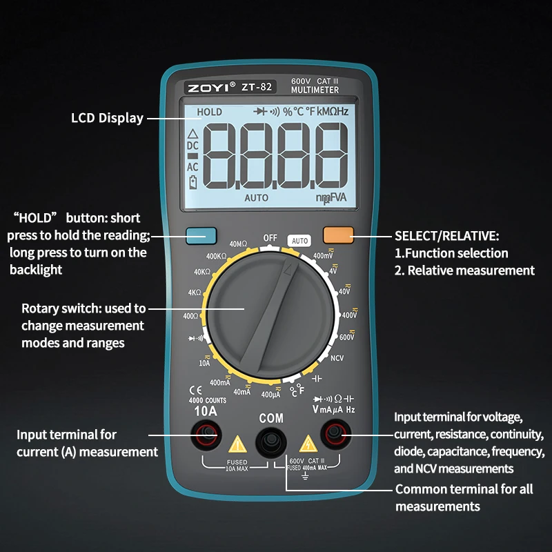ZOYI ZT-82 Mini Digital Multimeter High Precision Fully Automatic Smart Anti-Burn Multifunction Tester for Electrician Repair