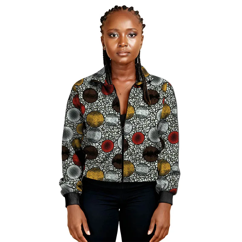 Giacca da donna con cerniera modello foglie couture africane Moda manica lunga colletto con risvolto vestibilità ampia capispalla con stampa Ankara