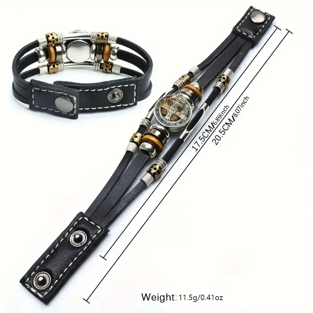 Saint Benedict Medal Leather Bracelet Catholic San Benito Glass Dome Snap Buttons Bangles Men Women Jewelry Accessories