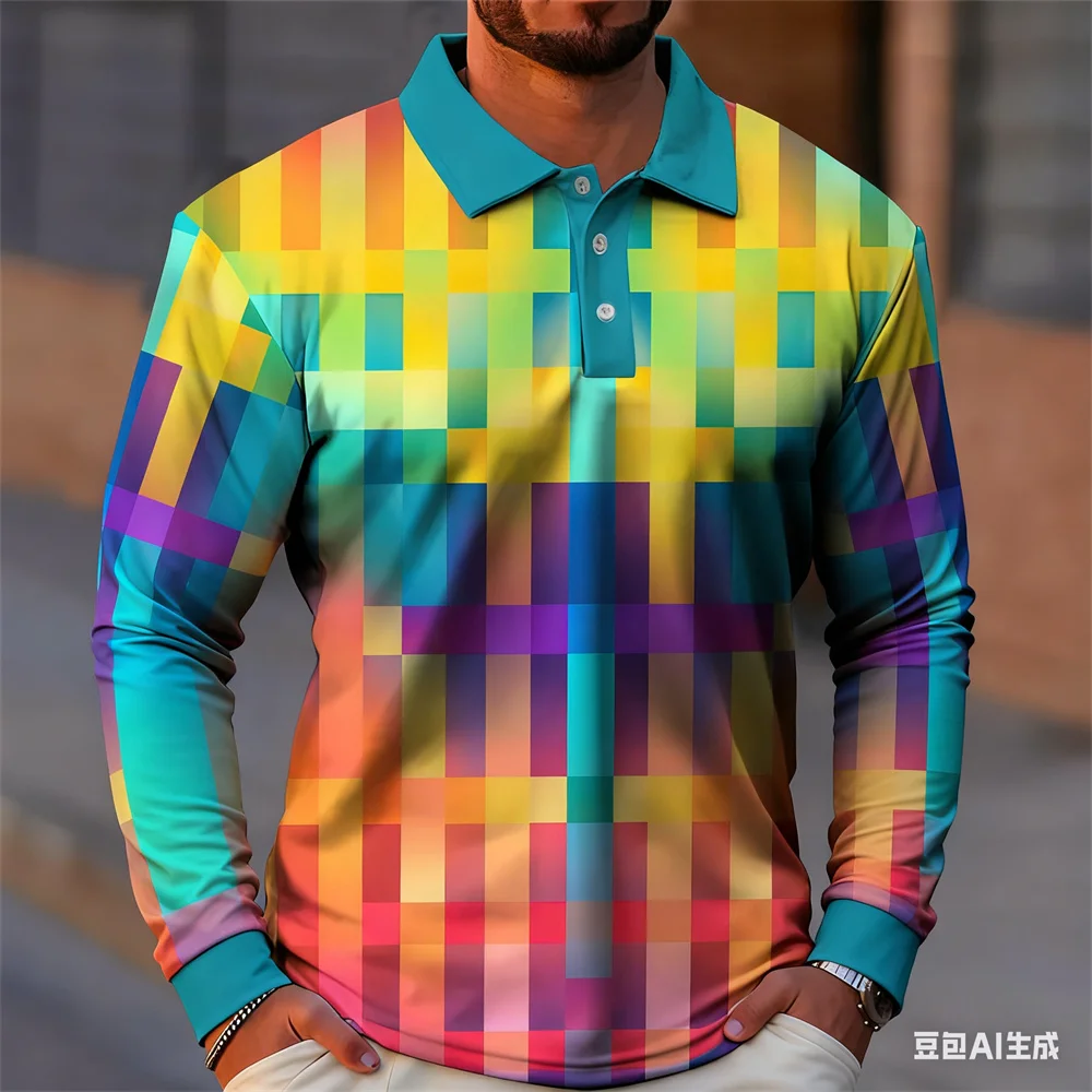 

3D Colorful Stripe Plaid Print Men's Polo Shirt Fashion Creative Design Button Lapel Pullover Outdoor Casual Comfortable Clothes