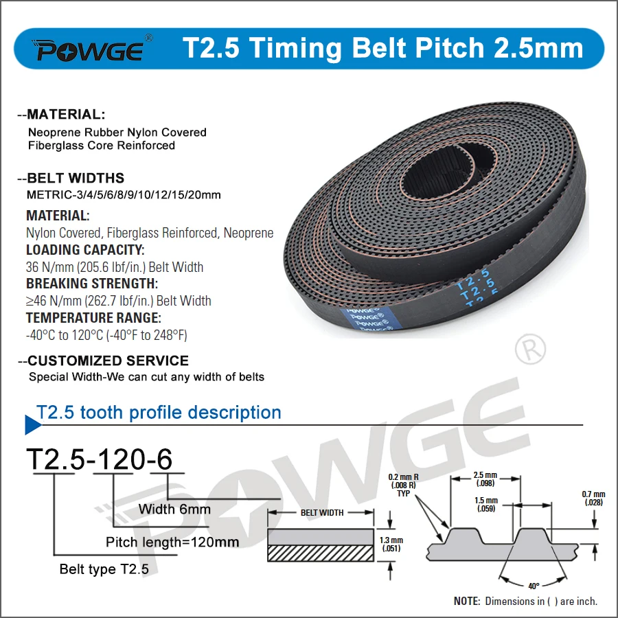 POWGE Trapezoidal T2.5 Open ended Timing belt width 4/6/10/15mm PU Polyurethane steel Rubber Fiberglass T2.5 pulley 3D printer