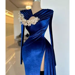 Royal Blue Velvet Evening Dresses High Side Split Pleat Appliques Mermaid Luxury Formal Party Gowns Custom Prom Dress for Women