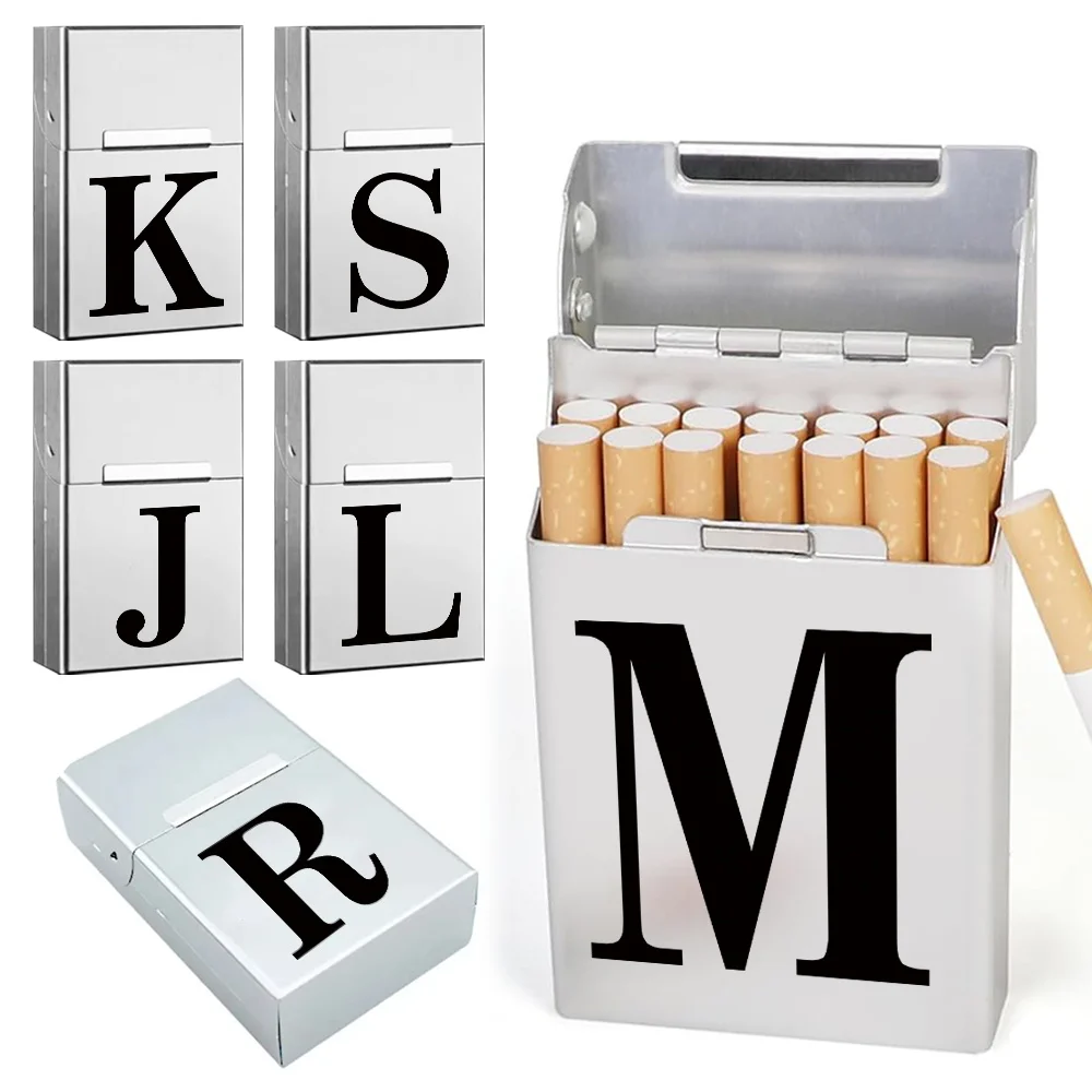 

Metal Cigarette Box Cover Portable Tobacco Organizer Holder Pocket Storage Case Durable Smoking Container Black Letter Pattern