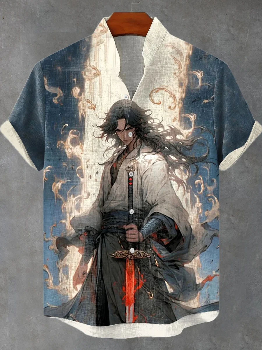 

New men's art print casual shirt, Harajuku summer trendy button holiday casual shirt, beach shirt