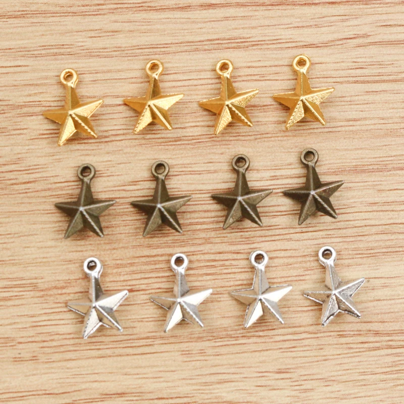 30pcs 11x8mm Star Charms 3D Solid Star Tibetan Silver Plated Gold Bronze Pendants Antique Jewelry Making DIY Handmade Craft