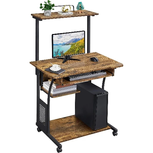 3 Tiers Rolling Computer Desk with Keyboard Tray Printer Shelf Compact Workstation for Home Office Small Space Rustic Brown