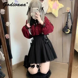 Halloween Sweet Cool Japanese Mine Tops Bat Lace Collar Black Red Long Short Sleeve Shirt Top and Skirt for Women Outfits
