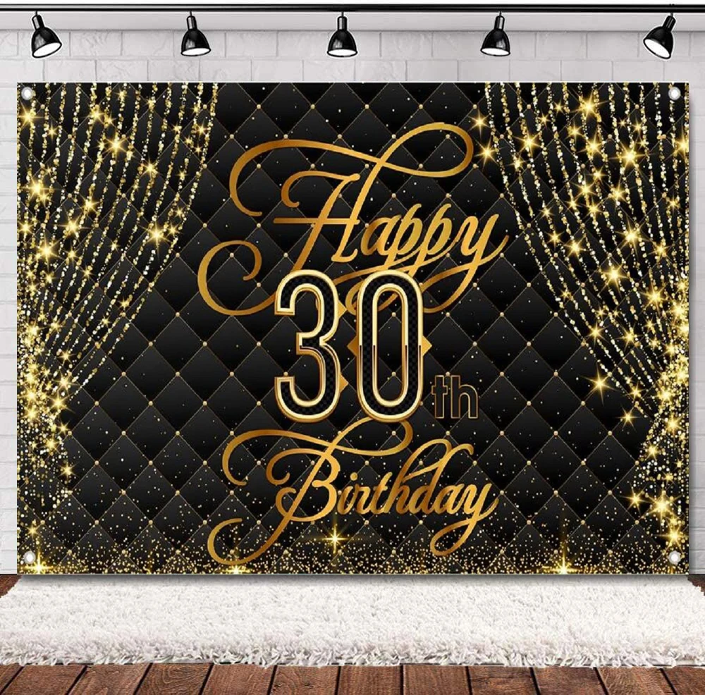 Photography Backdrop Royal Curtain Black Gold Background 30 Years Old 30th Birthday For Women Men Party Decor Banner Supplies