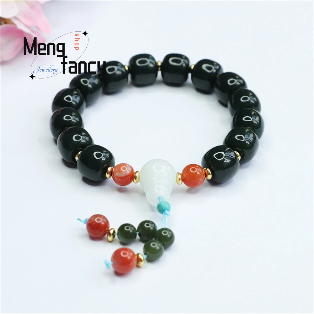 

Natural Hetian Green Jade Red Agate Bead Bracelet Simple Generous Personality Men Women Fine Jewelry Charm Fashion Holiday Gift