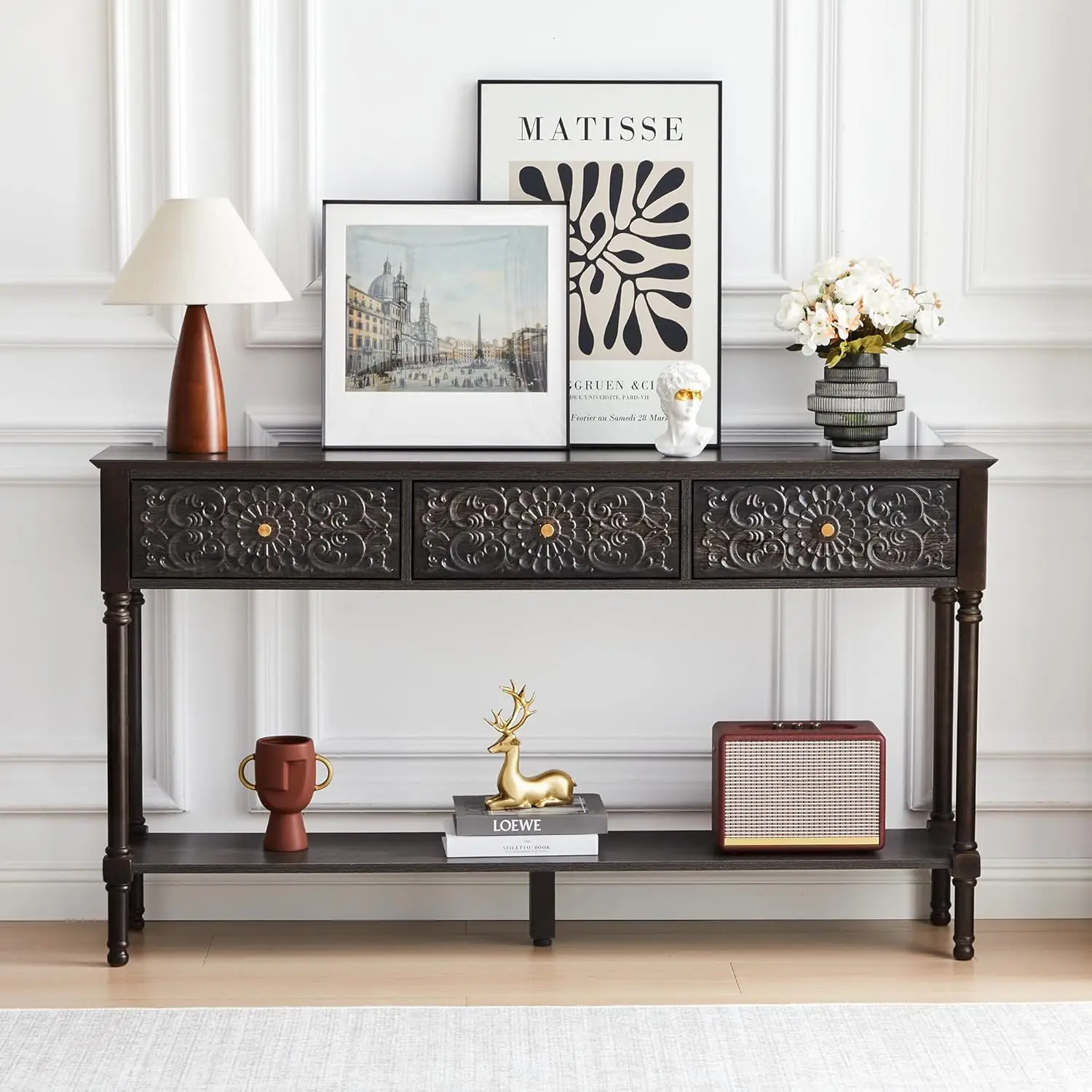 55.5in Carved Console Table 3 Drawers 2-Tier Floral Top Solid Wood Legs Mid-Century Entryway Hallway, Custom