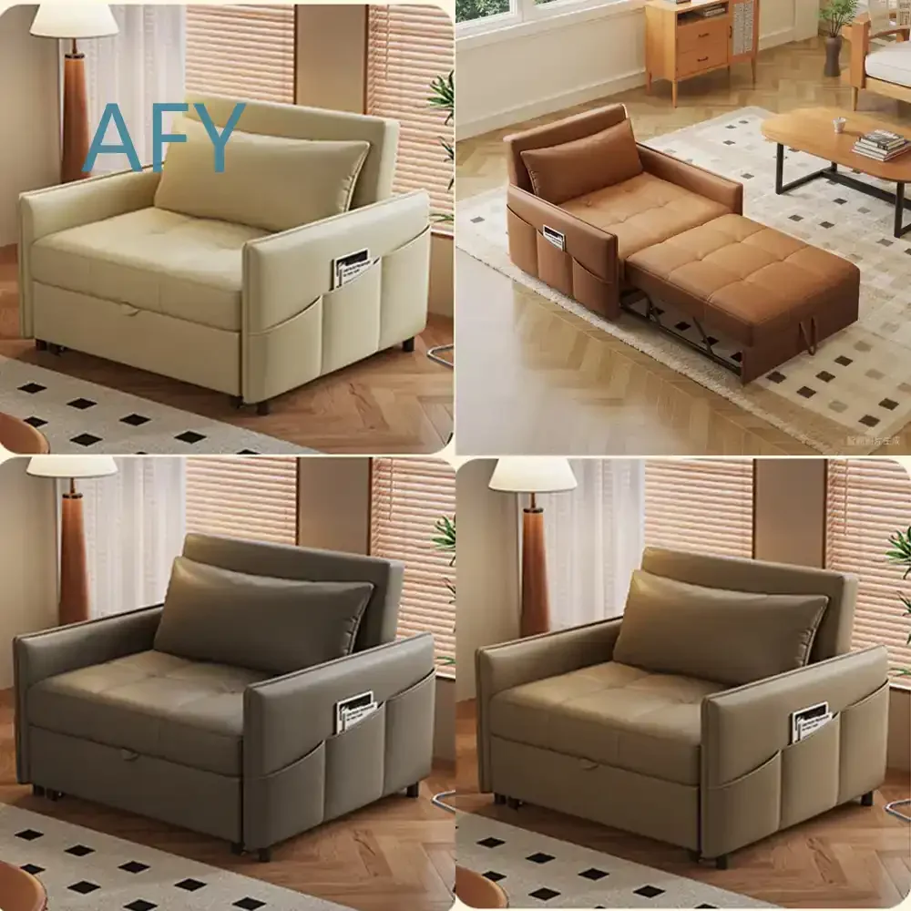 Leather Sofa Bed for Vintage Style Office Rest Convertible Folding Multifunctional Single Seater for Small Living Room