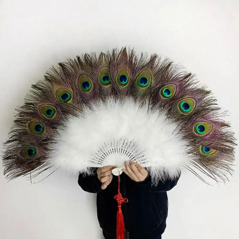 

High Quality 28 Bones Large Peacock Fur Fan 9 Colors 65cm Cheongsam Show Live Fan Gothic Dance Hand Fan Wedding Party Decoration