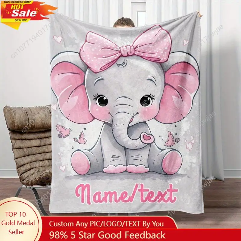 

Adorable Youngsters Elephant Personalized Name Portable Blanket - Light Weight Flannel Throw for Sofa Bed Custom Blankets