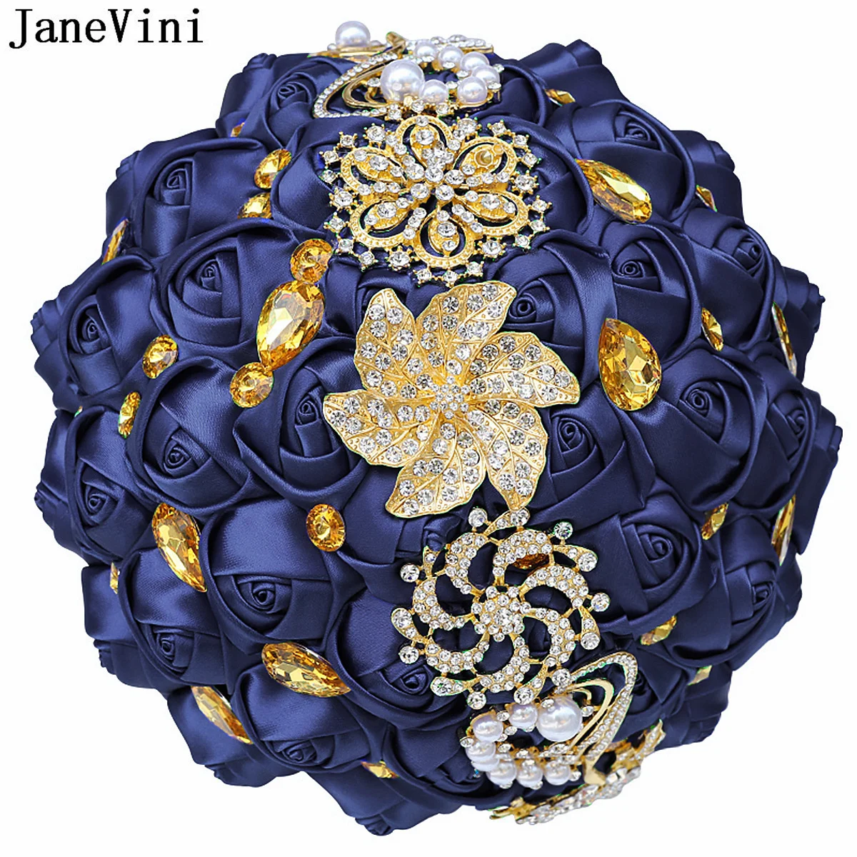 JaneVini szmaragdowo zielony bukiet ślubny ze złotymi kryształami biżuteria panny młodej luksusowy Handmade Rhinestone bukiet ślubny kwiat róży