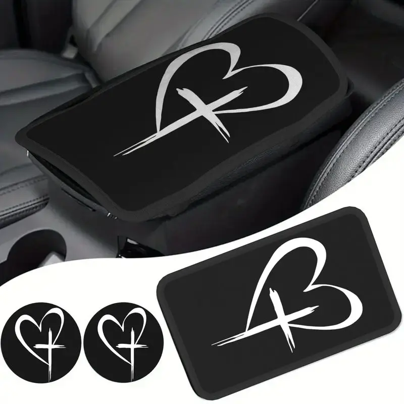 1Pc Car Armrest Cover & 2Pcs Cup Coasters With Heart Cross Faith Style