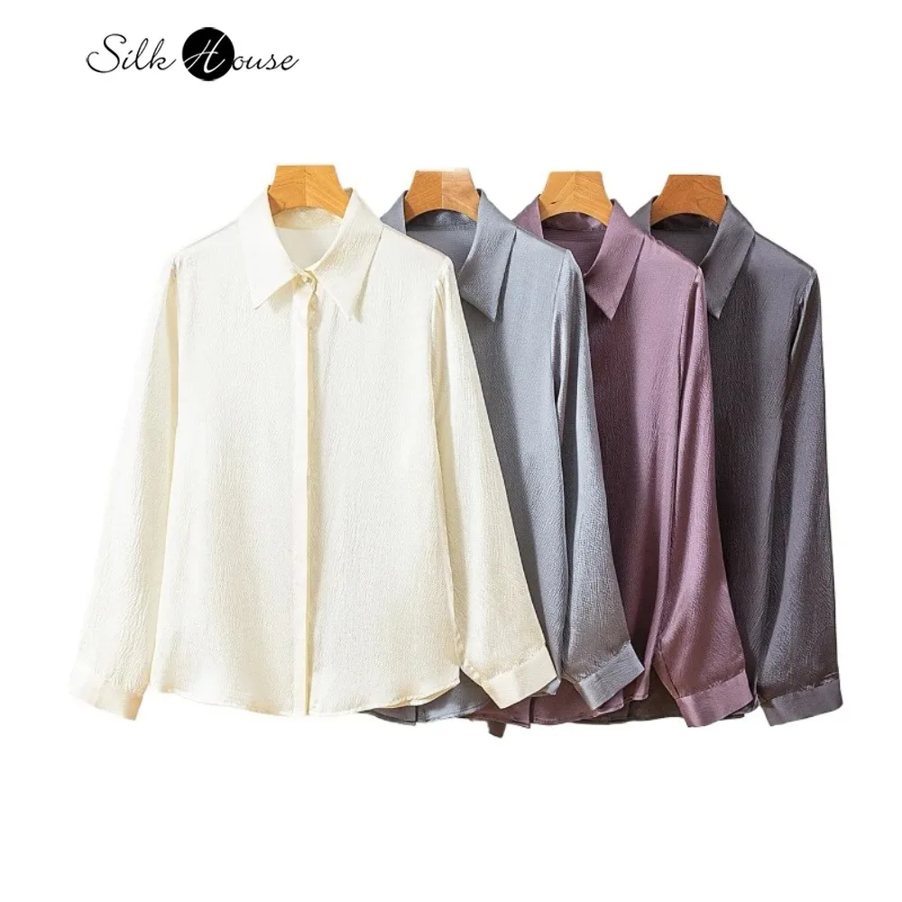 

2025 Women's Autumn New 100% Natural Mulberry Silk Pearl Satin Turn-down Collar Long Sleeve Versatile Solid Color Commuter Shirt